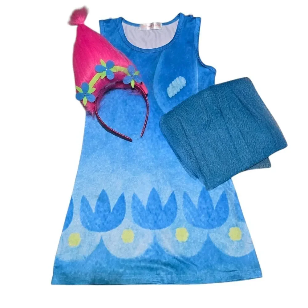 Girls Troll Costume With Sheer Cape And Light Up Headband